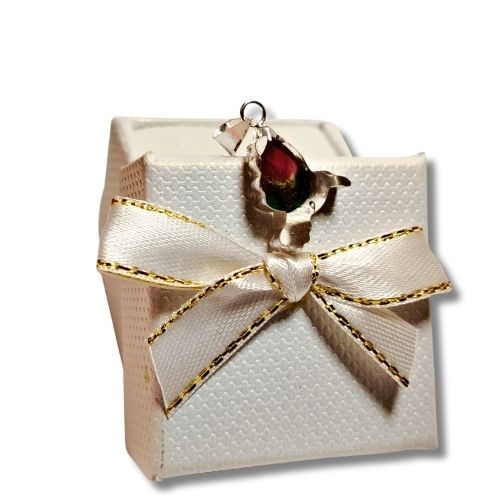 Mini dije de colibrí encapsulado con rosa en el interior