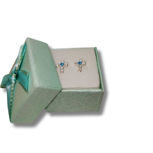 Broquel cruz con microcirconia blanca y azul