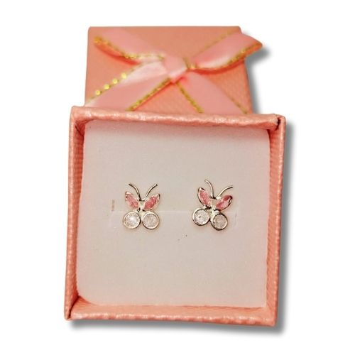 Broquel mariposa con circonias blancas y rosas biselado