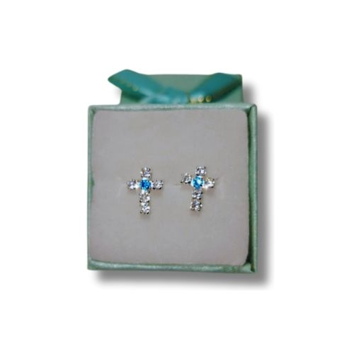 Broquel cruz con microcirconia blanca y azul